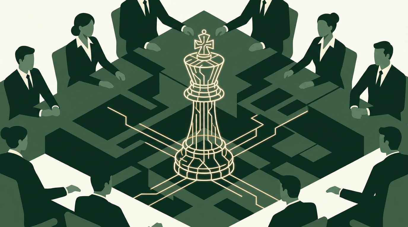 Minimal editorial illustration of a chess king built from circuit lines standing on a boardroom table, forest green and cream